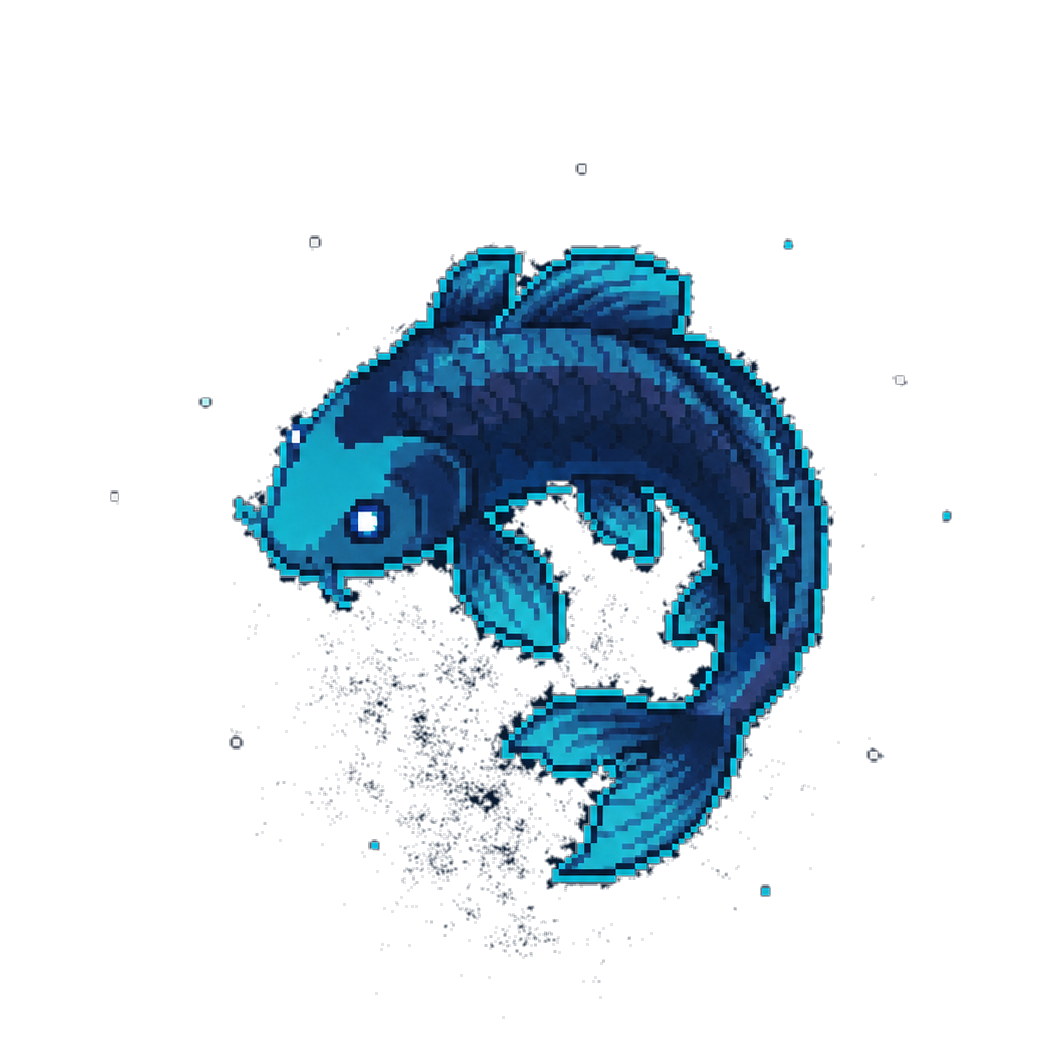 A pixel-art koi fish, blue and luminous, against a deep navy sky